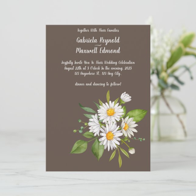 Unique Rustic Floral White Daisy Wedding Invitation (Standing Front)