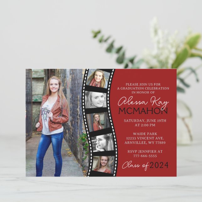 Unique Rustic Red Filmstrip 6 Photo Graduation Invitation (Standing Front)