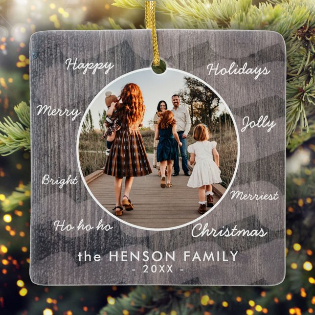 Unique Rustic Wood Christmas Wishes Family Photo Ceramic Ornament (Creator Uploaded)