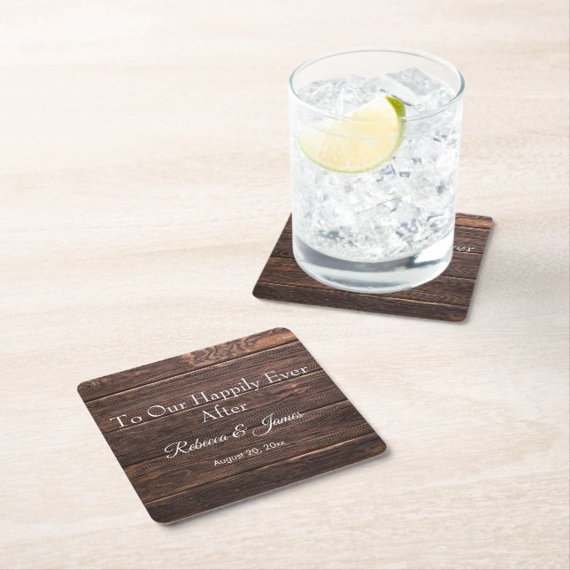 Unique Rustic Wood Happily Ever After  Square Paper Coaster (Insitu)