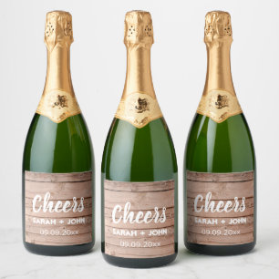 Unique Rustic Wooden Cheers Wedding Favour Sparkling Wine Label