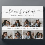 Unique Script Photo Collage Bonus Mom Mothers Day Plaque<br><div class="desc">Honour a special stepmom this Mother's Day with our Unique Script Photo Collage Bonus Mom sign. It melds a clean, rectangular photo collage with timeless elegance. The monochrome snapshots and handwritten calligraphy capture a family's love, making it a uniquely modern, chic, and sentimental gift. This piece beautifully conveys the bond...</div>