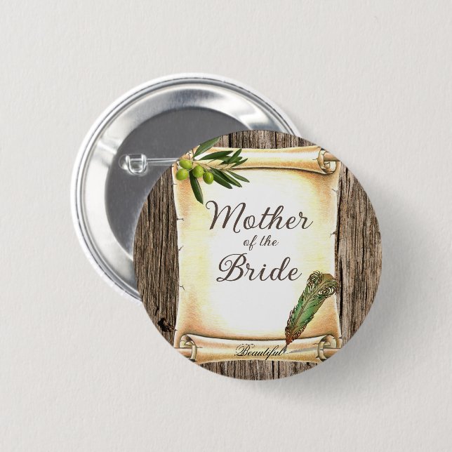 Unique Scroll & Feather Pen Mother of the Bride  2 Inch Round Button (Front & Back)