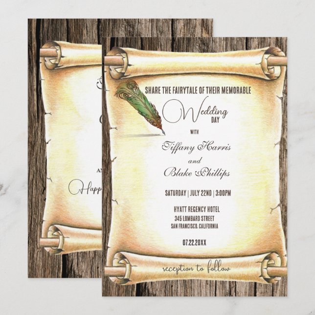 Unique Scroll & Feather Pen Wedding Invitations (Front/Back)