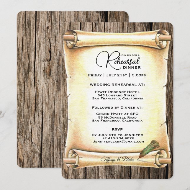 Unique Scroll & Feather Pen Wedding Rehearsal  Invitation (Front/Back)