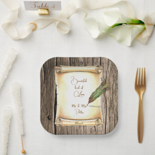 Unique Scroll & Vintage Feather Pen Wedding Paper Plate