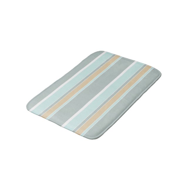 Unique Sea Foam Green White Taupe Tan Stripes Bath Mat (Angled)
