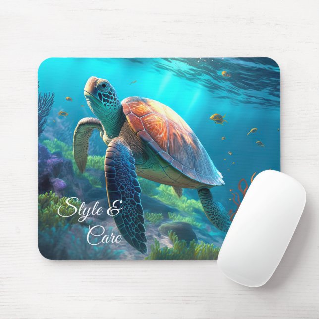 Unique Sea Turtle Illustration Personalized Text Mouse Pad (With Mouse)