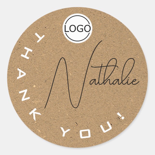 Unique Signature Rustic Kraft Paper Thank You Logo Classic Round Sticker (Front)