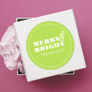 Unique Simple Green Merry & Bright Font Classic Round Sticker