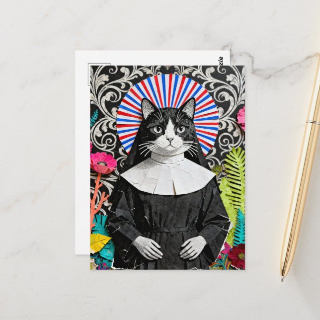Unique Sister Kitty the Cat Nun Collage Postcard (Front/Back In Situ)