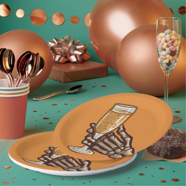 Unique Skelton Hand & Drink Adult Halloween Party Paper Plate (Multi)