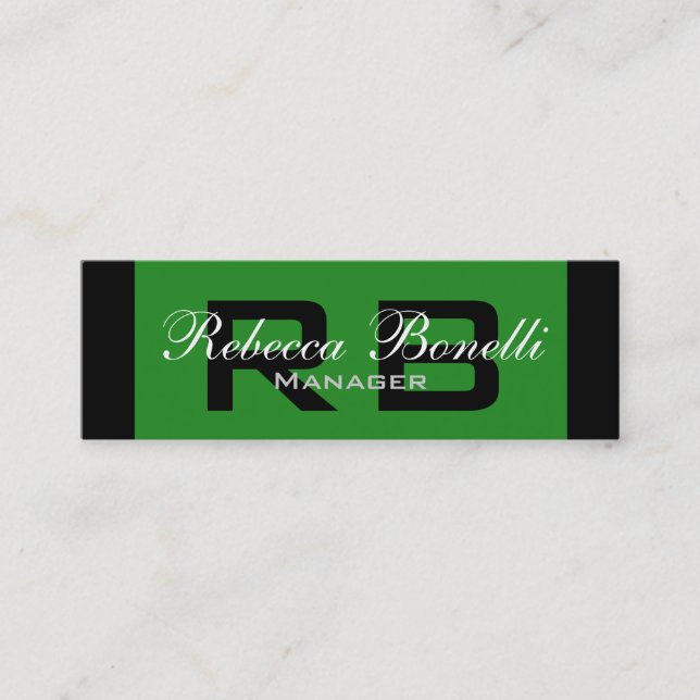 Unique Slim Black Green Monogram Business Card (Front)