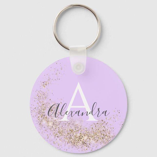 Unique Sparkling Gold Glitter Pastel Purple Girly Keychain (Front)