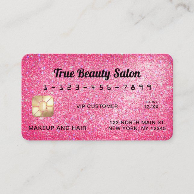 Unique Sparkly Neon Pink Glitter Credit Card (Front)