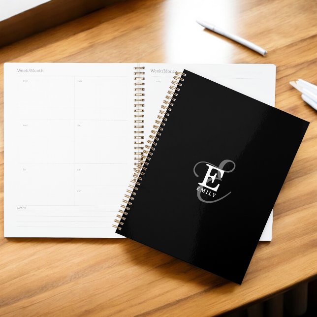 Unique Stylish Name and Monogram Typography Black Planner (Personalize with your name and monogram initial.)