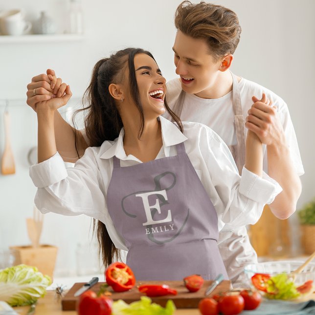 Unique Stylish Name and Monogram Typography Purple Apron (Personalize with your name and monogram initial.)
