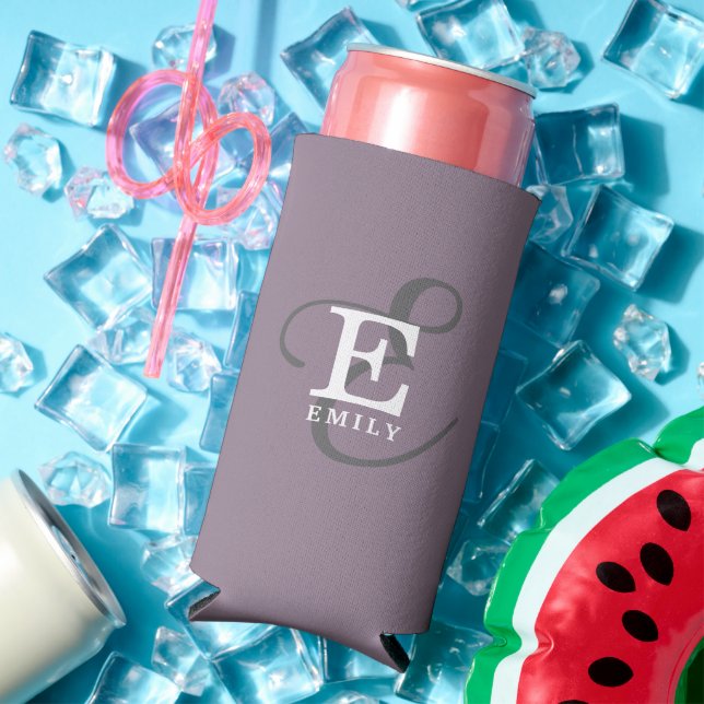 Unique Stylish Name and Monogram Typography Purple Seltzer Can Cooler (In Situ Summer)