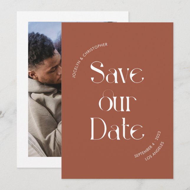 Unique Stylish Typography Terracotta Photo Save The Date (Front/Back)