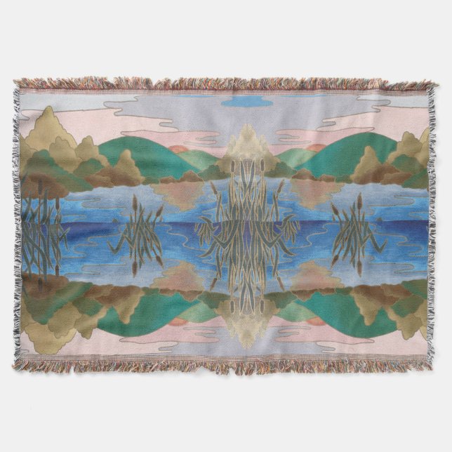 unique stylized hills river landscape painting throw blanket (Front)