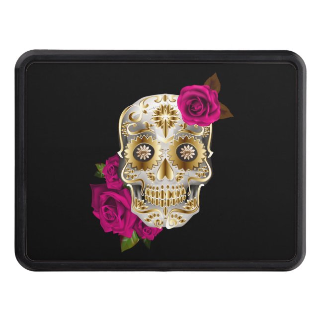 Unique Sugar Skull Day Of The Dead Pink Roses Trailer Hitch Cover (Front)