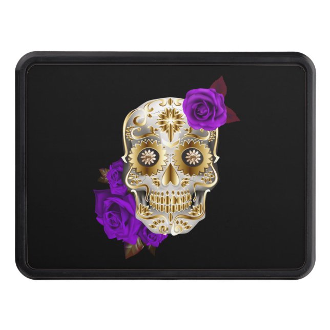 Unique Sugar Skull Day Of The Dead Purple Roses Trailer Hitch Cover (Front)