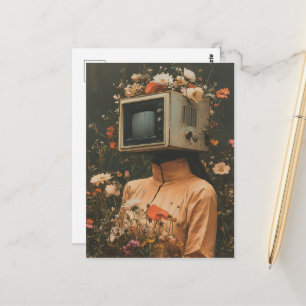 Unique Surreal Woman with TV head and flowers Postcard