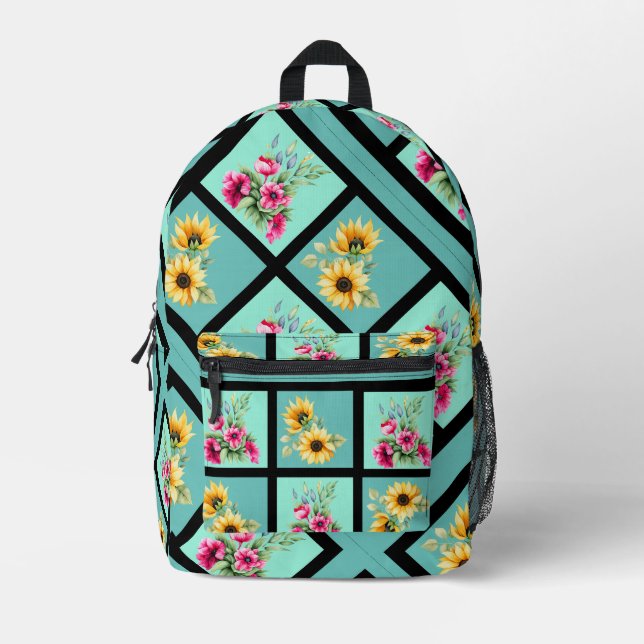 Unique Teal on Black Floral Tile Pattern Printed Backpack (Front)