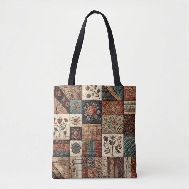 Unique Terracotta Quilt & Patchwork Rustic Retro  Tote Bag (Front)