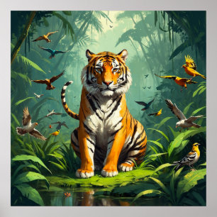 Unique Tiger Sitting in Jungle with Birds around Poster