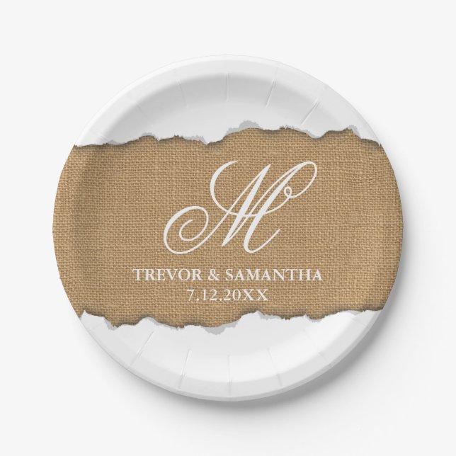 Unique Torn Out Look Burlap Pattern Wedding Paper Plate (Front)