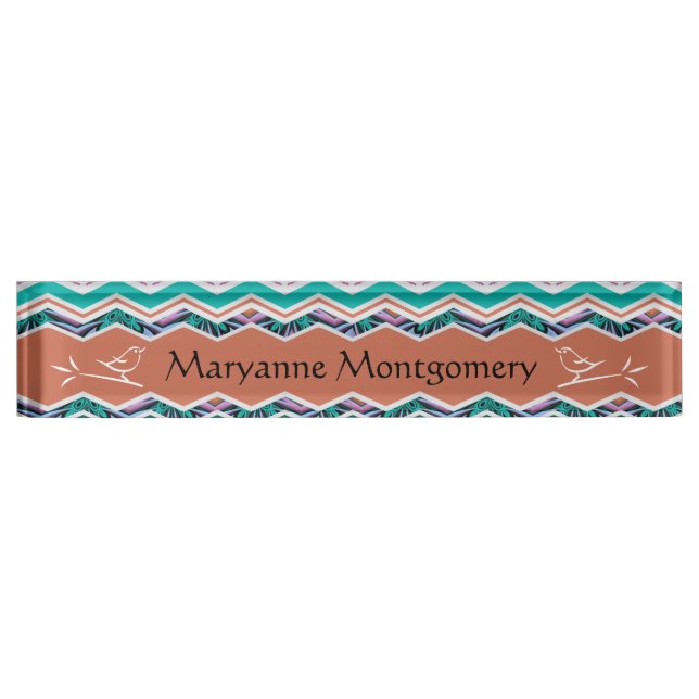 Unique Turquoise and Brown Birds Zigzag Pattern Nameplate (Front)