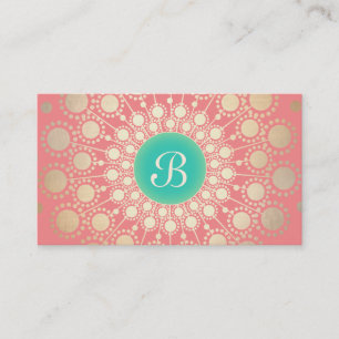Unique Turquoise, Gold, Pink Coral Monogram Business Card