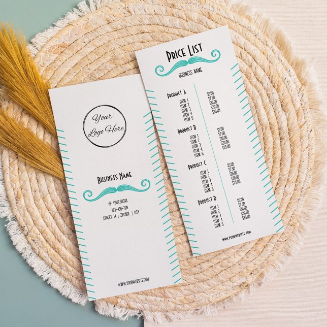Unique turquoise with logo barber shop price list  rack card (Creator Uploaded)