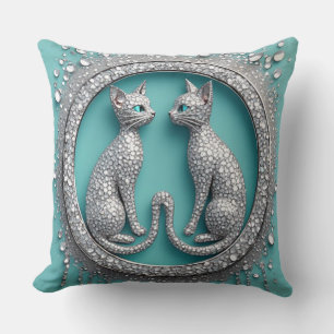 Unique Twin Crystal Cat Ornament Jewellery Sculptu Throw Pillow