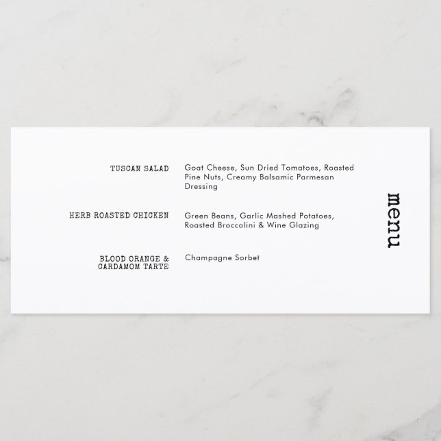 Unique Typewriter Black White Horizontal Wedding Menu (Front)