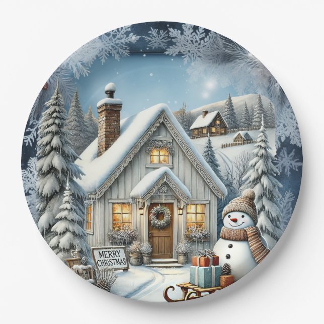 Unique vintage Christmas Scenery Paper Plates (Front)