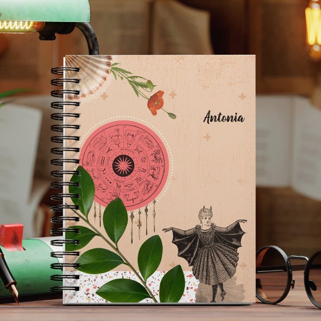 Unique Vintage Collage Fun Colourful Girly Modern Notebook (Vintage collage style Spiral Notebook featuring Batgirl, French Horoscope Wheel, leaf branch.)