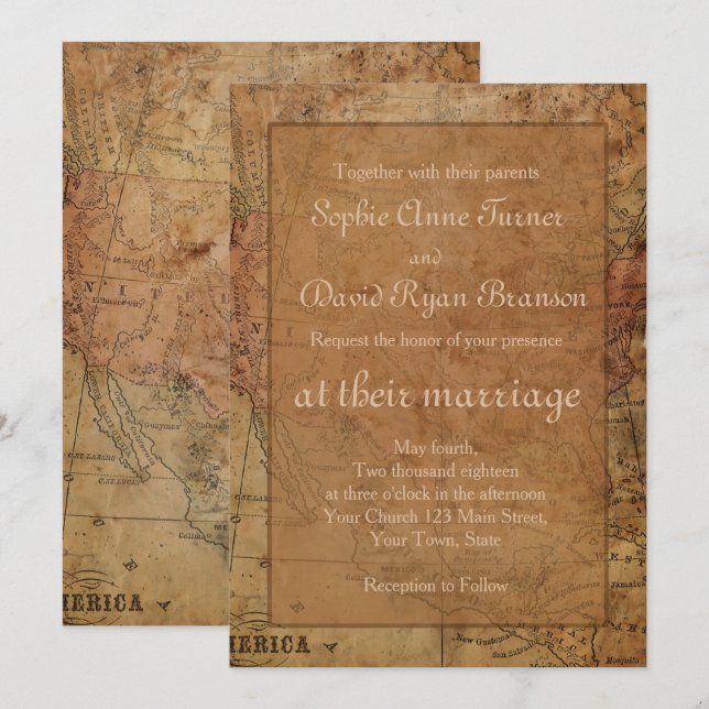 Unique Vintage Map Destination Wedding Invitation (Front/Back)