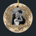Unique Vintage Our First Christmas Together Photo Ceramic Ornament<br><div class="desc">The text and photo on this couple's First Christmas Together photo Christmas ornament (round shape) are easy to customize. The unique vintage elaborate floral photo frame and vintage colours makes this a stylish and elegant 1st Xmas together ornament. Make sure to check out the back as well, as there you...</div>
