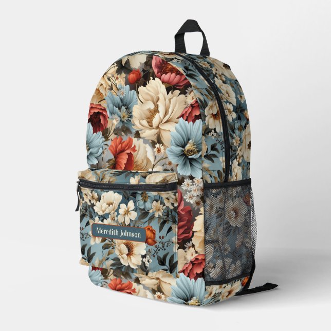 Unique vintage peony flower floral  printed backpack (Back Corner Right)
