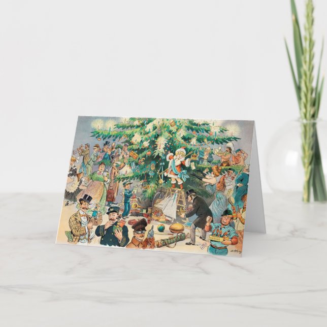Unique Vintage People Around Tree Christmas Card (Front)
