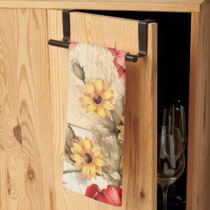 Unique Vintage Sunflowers & Red Poppies Pattern Kitchen Towel