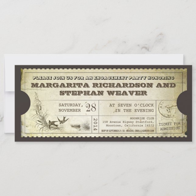 unique vintage ticket engagement party invitations (Front)
