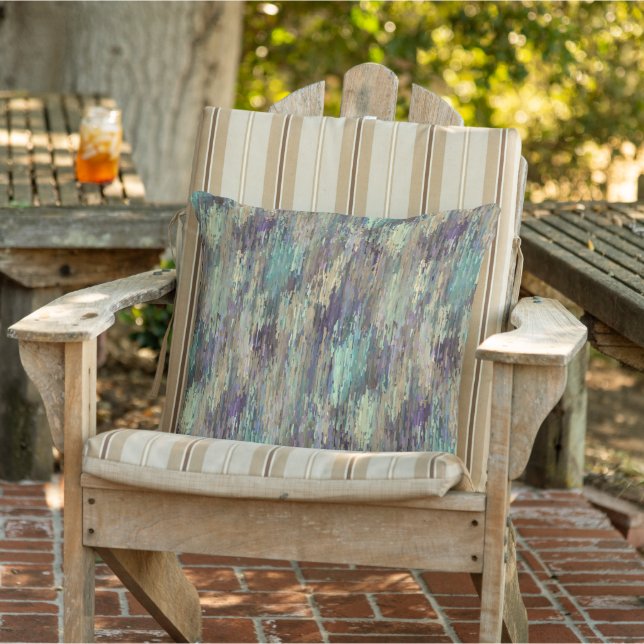 Unique Violet Purple Taupe Teal Stripes Ikat Art Outdoor Pillow (Chair)