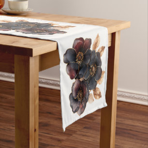 Unique watercolor black gold and burgundy flowers short table runner