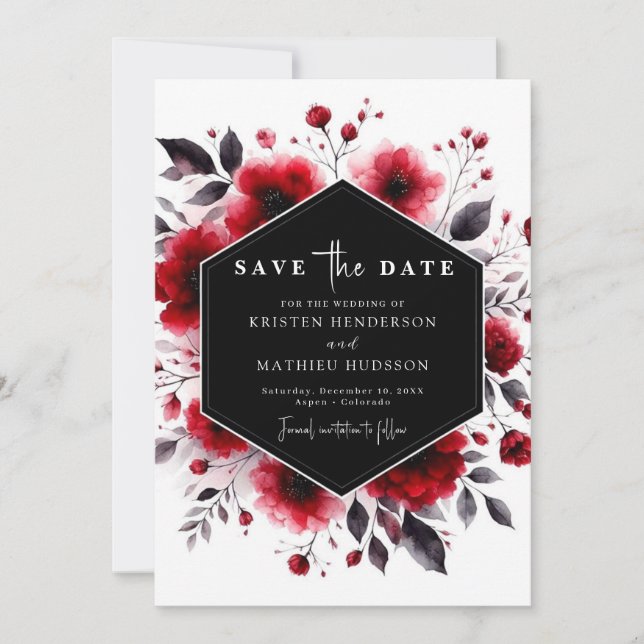 Unique Watercolor Flowers Crimson Red Wedding Save The Date (Front)