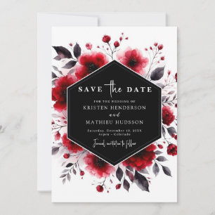 Unique Watercolor Flowers Crimson Red Wedding Save The Date