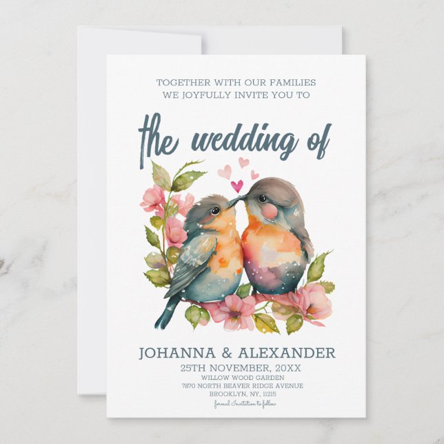 Unique Watercolor Lovebirds Wedding Invitation  (Front)
