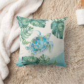 Unique Watercolor Sea Turtle on Palm Leaves Throw Pillow (Blanket)
